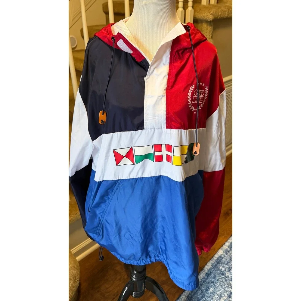 Camp Good Life Mens 2XL Nautical Colorblock Windbreaker Anorak Jacket Flags